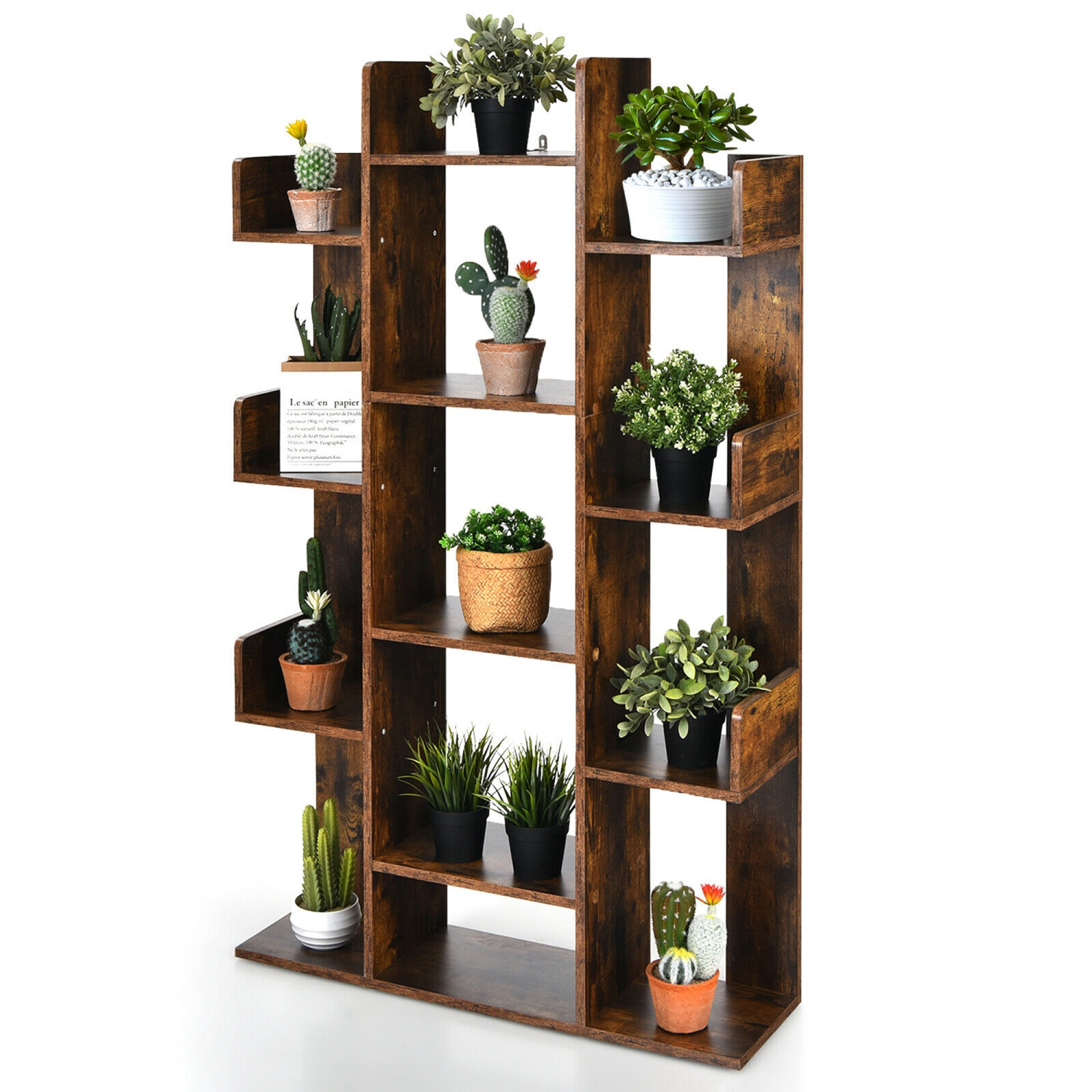 Gymax Bookshelf Tree-Shaped Bookcase w/13 Storage Shelf Rustic Industrial Style