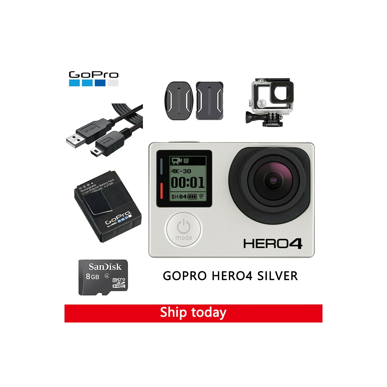 Refurbished (Good) - GoPro Hero 4 Silver Edition Camcorder Camera Waterproof Case+Battery+USB Charger