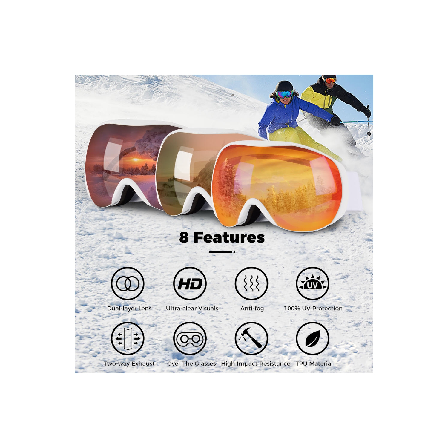 Anti-Fog Ski Goggles, UV Protection Snowboard Goggles, Snow Goggles, White Elastic Band & Brown Lens -for ski, skate, snowboard, skating - 170mm x