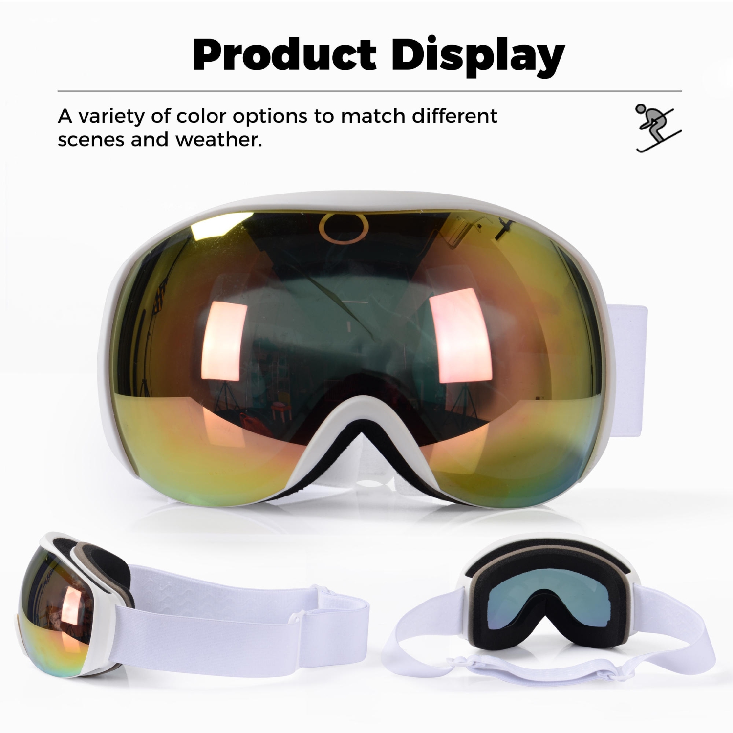 Anti-Fog Ski Goggles, UV Protection Snowboard Goggles, Snow Goggles, White Elastic Band & Brown Lens -for ski, skate, snowboard, skating - 170mm x