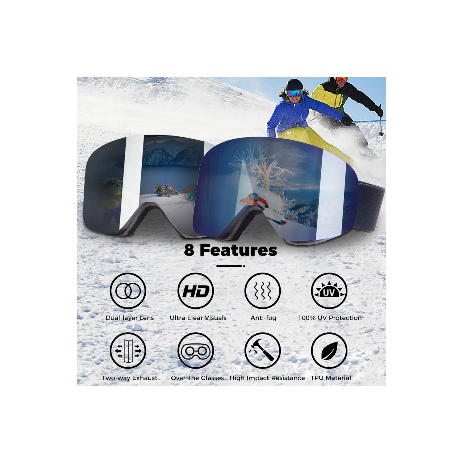 Magnetic Ski Snowboard Goggles for Men, Women & Youth, UV Protection and OTG design, Black Band Frameless Lens, Black Band - 175mm x 100mm