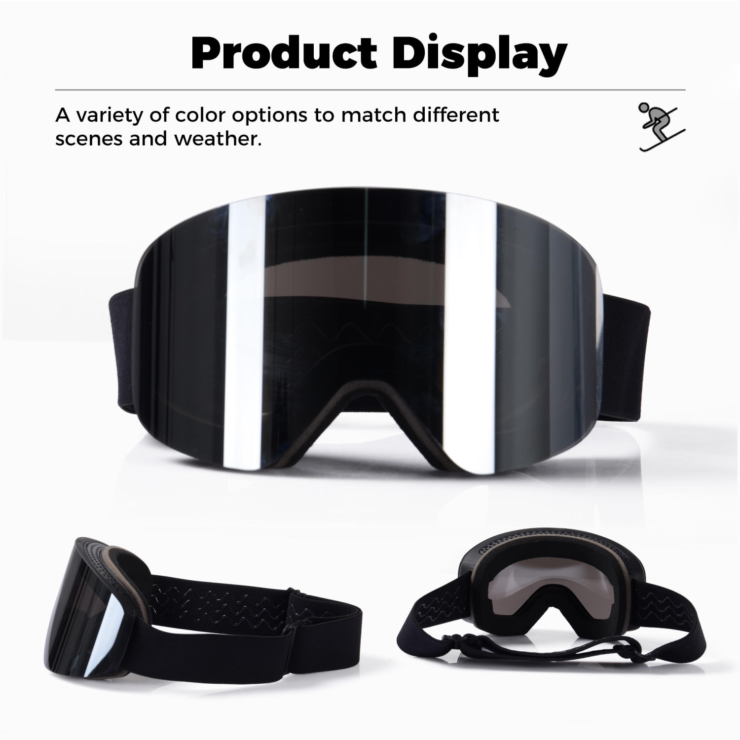 Magnetic Ski Snowboard Goggles for Men, Women & Youth, UV Protection and OTG design, Black Band Frameless Lens, Black Band - 175mm x 100mm