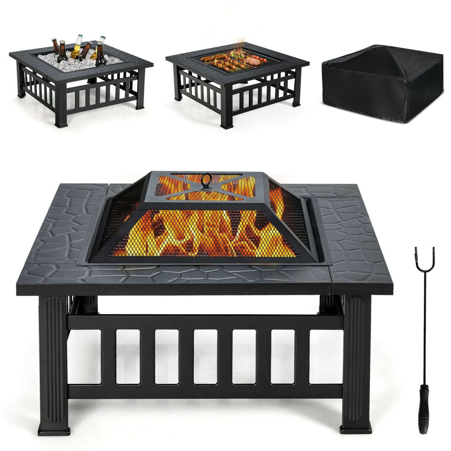 Gymax 32'' 3 in 1 Outdoor Square Fire Pit Table W/ BBQ Grill, Rain Cover for Camping