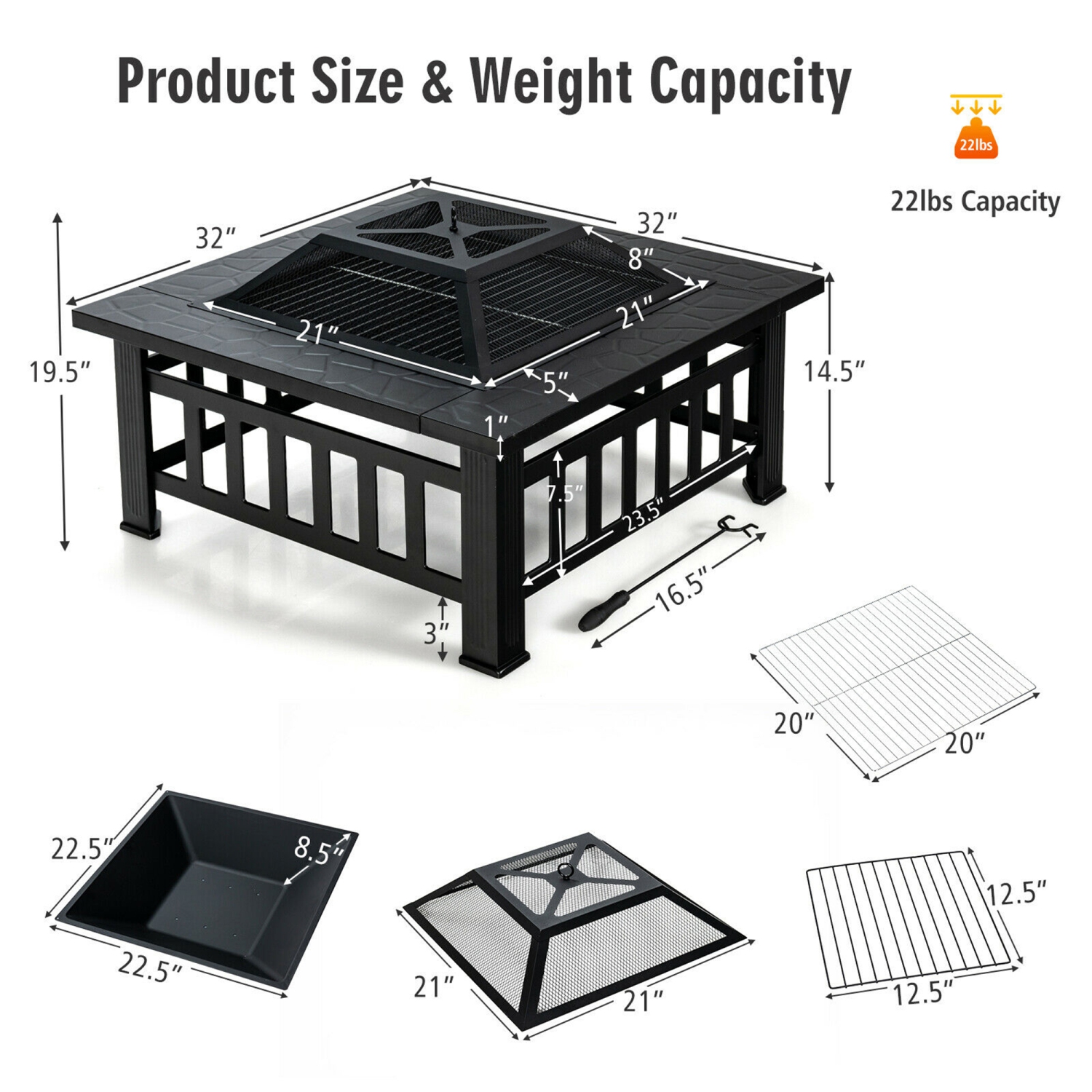Gymax 32'' 3 in 1 Outdoor Square Fire Pit Table W/ BBQ Grill, Rain Cover for Camping