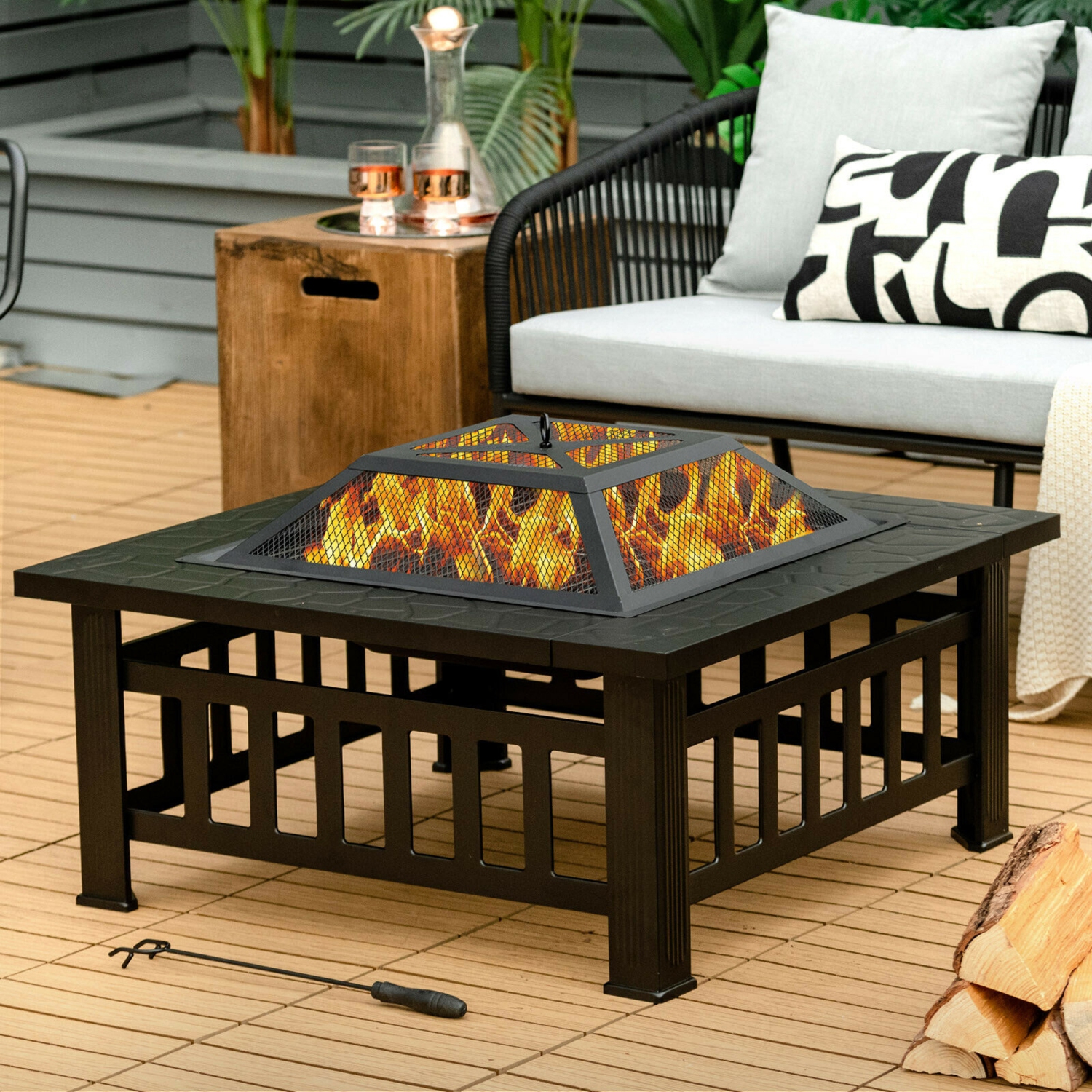 Gymax 32'' 3 in 1 Outdoor Square Fire Pit Table W/ BBQ Grill, Rain Cover for Camping