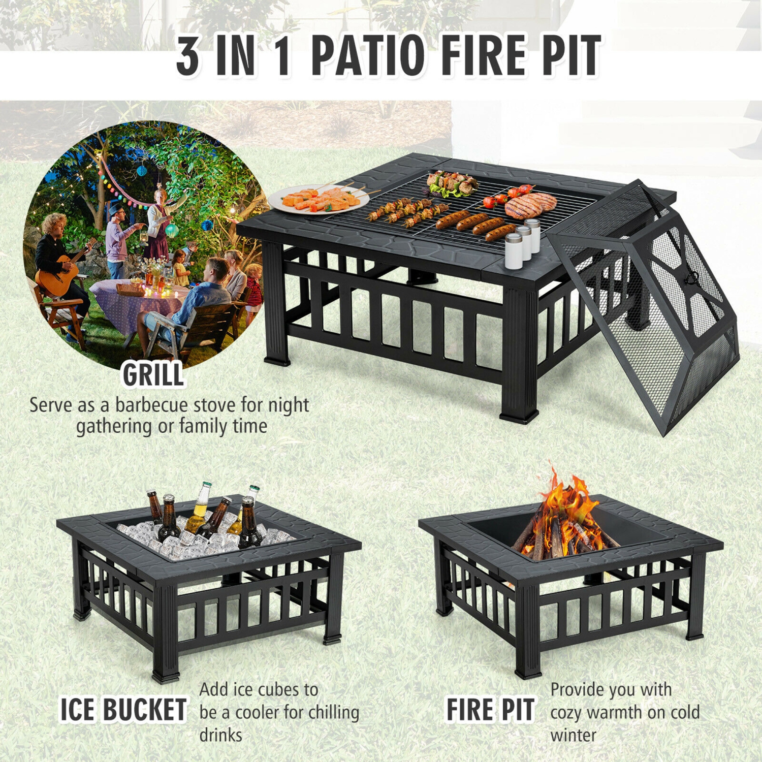 Gymax 32'' 3 in 1 Outdoor Square Fire Pit Table W/ BBQ Grill, Rain Cover for Camping