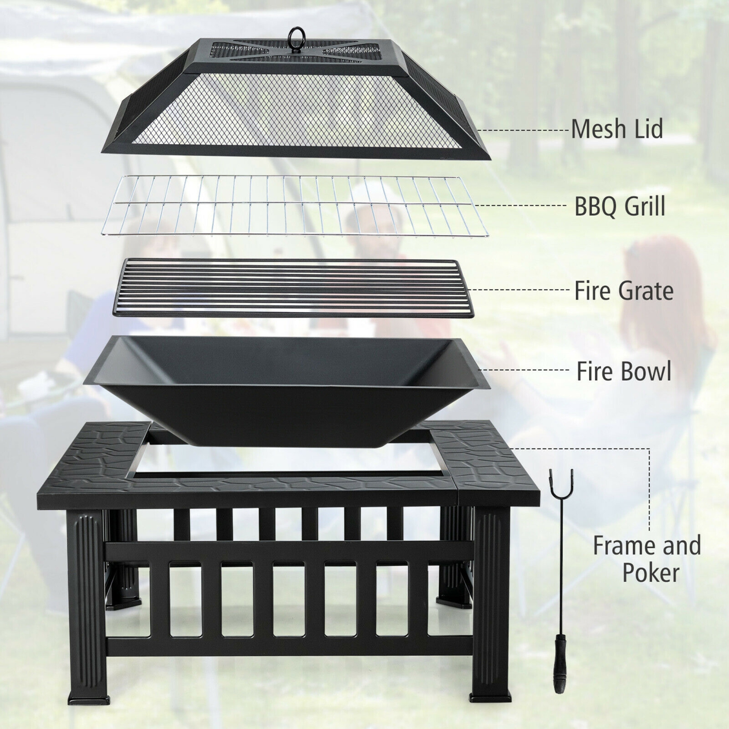 Gymax 32'' 3 in 1 Outdoor Square Fire Pit Table W/ BBQ Grill, Rain Cover for Camping