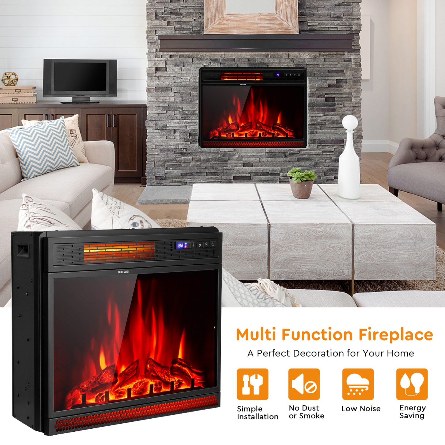 Gymax 25'' Electric Fireplace Recessed 900/1350W Fireplace Heater w/ Remote Control