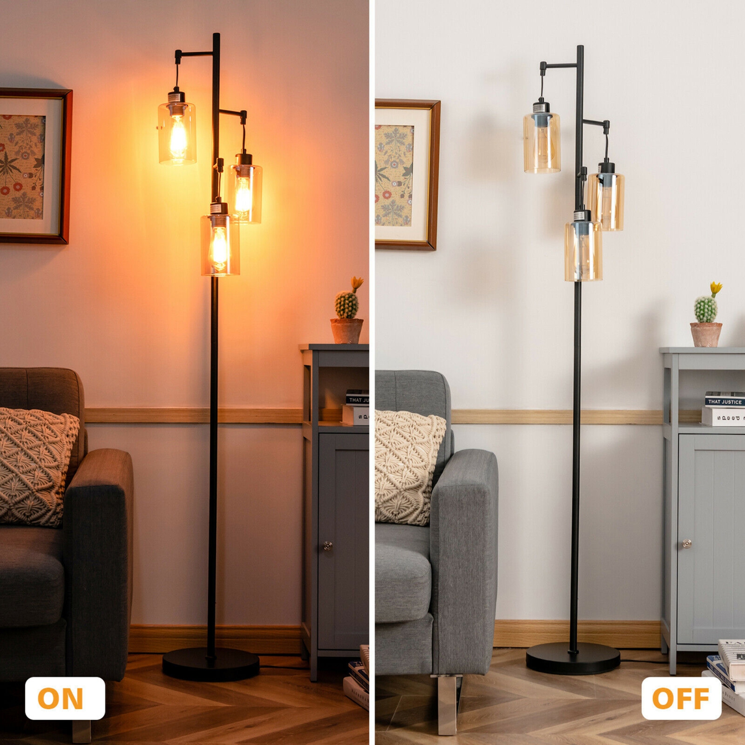 Gymax Freestanding Floor Lamp Retro Floor Lamp w/3-Head Hanging Amber Glass Shade