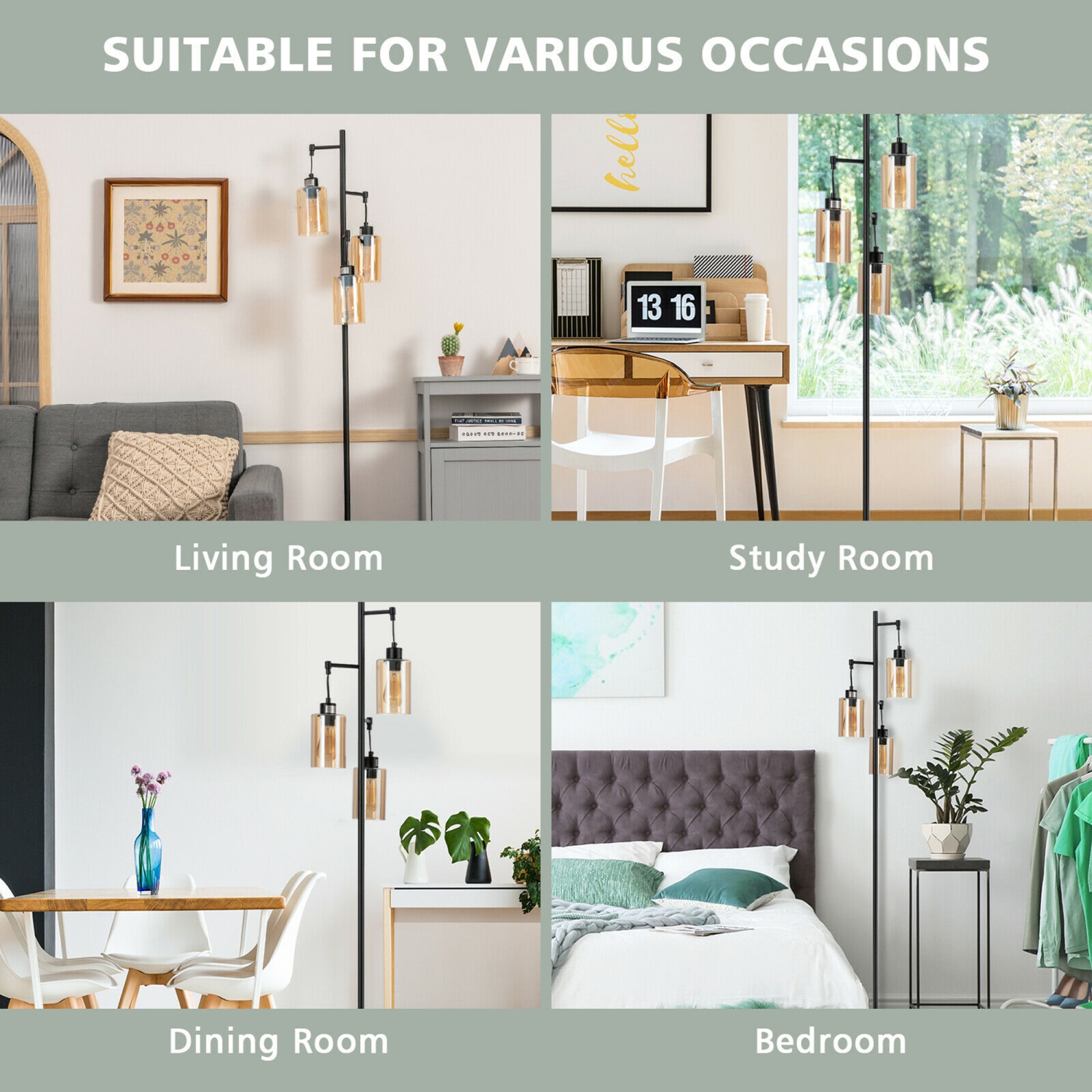 Gymax Freestanding Floor Lamp Retro Floor Lamp w/3-Head Hanging Amber Glass Shade