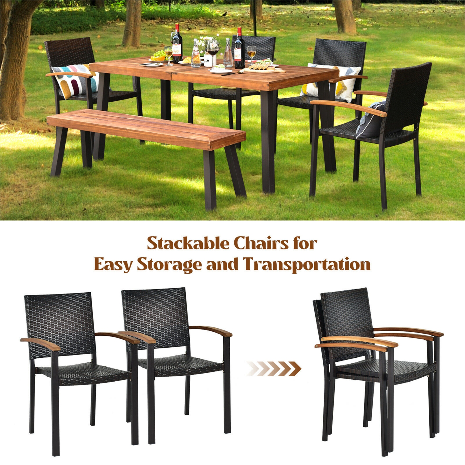 Gymax 6PCS Patio Rattan Dining Set Chairs Stack Acacia Wood Bench Table Top
