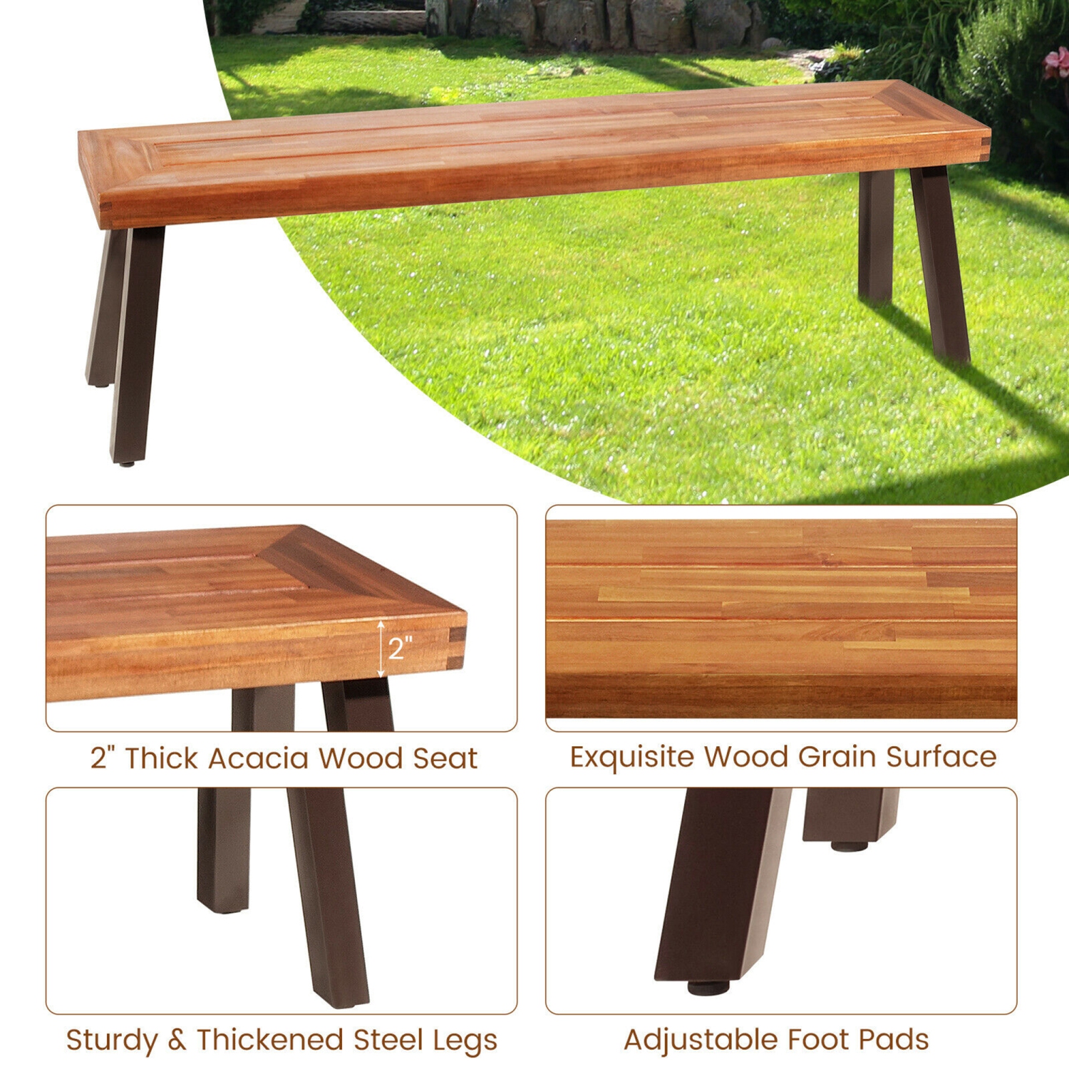 Gymax 6PCS Patio Rattan Dining Set Chairs Stack Acacia Wood Bench Table Top