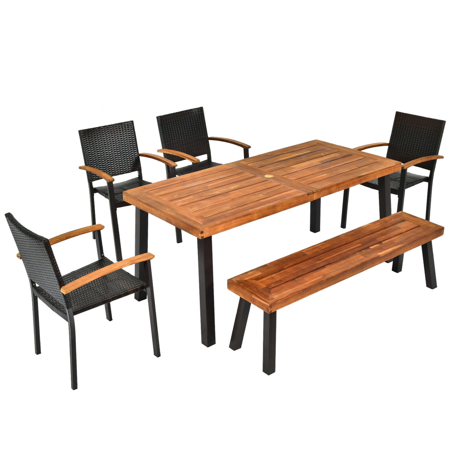 Gymax 6PCS Patio Rattan Dining Set Chairs Stack Acacia Wood Bench Table Top