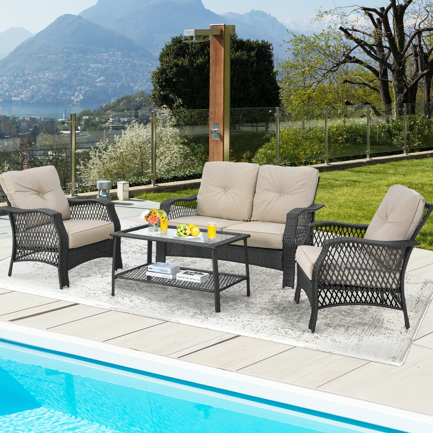 Gymax 4PCS Cushioned Patio Conversation Set Outdoor Rattan Furniture Set