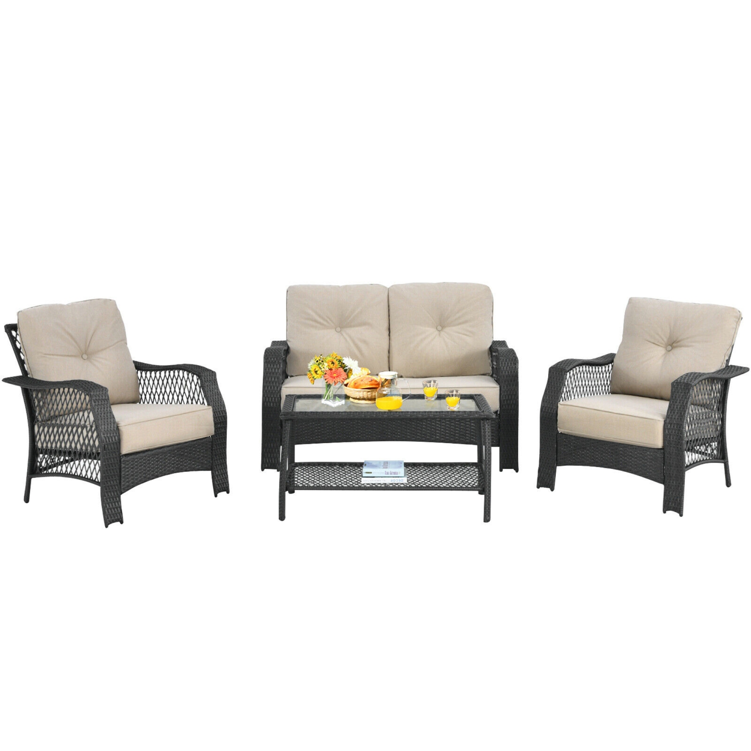 Gymax 4PCS Cushioned Patio Conversation Set Outdoor Rattan Furniture Set