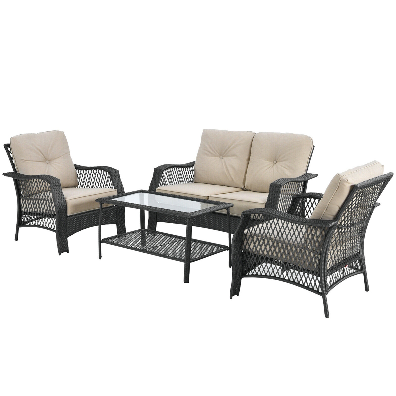 Gymax 4PCS Cushioned Patio Conversation Set Outdoor Rattan Furniture Set