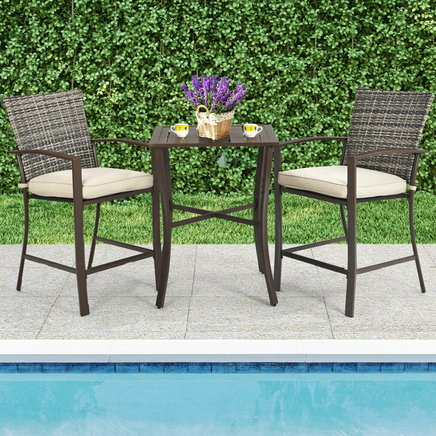 Gymax 3PCS Patio Bar Set Outdoor Conversation Furniture Set w/ Cushions