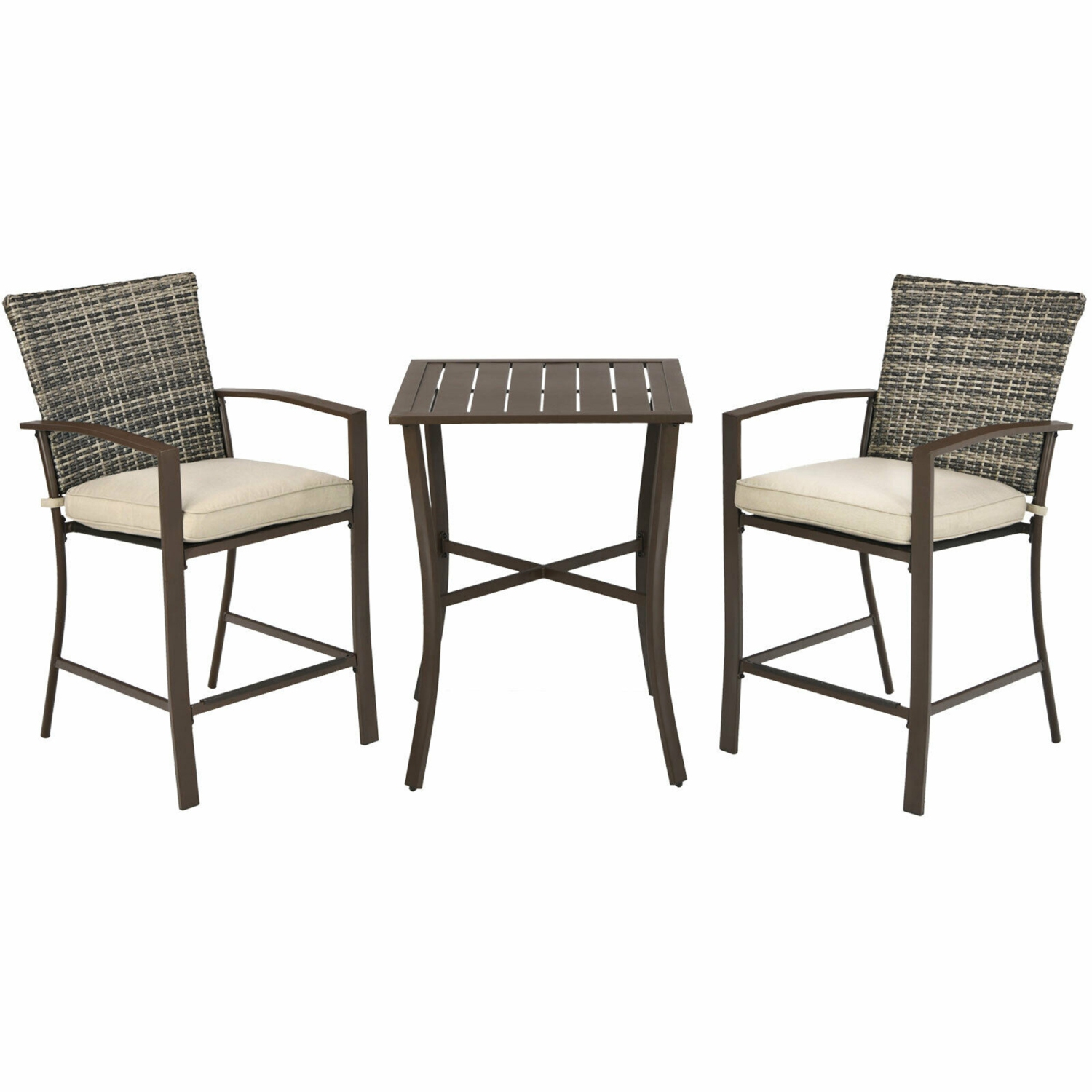 Gymax 3PCS Patio Bar Set Outdoor Conversation Furniture Set w/ Cushions