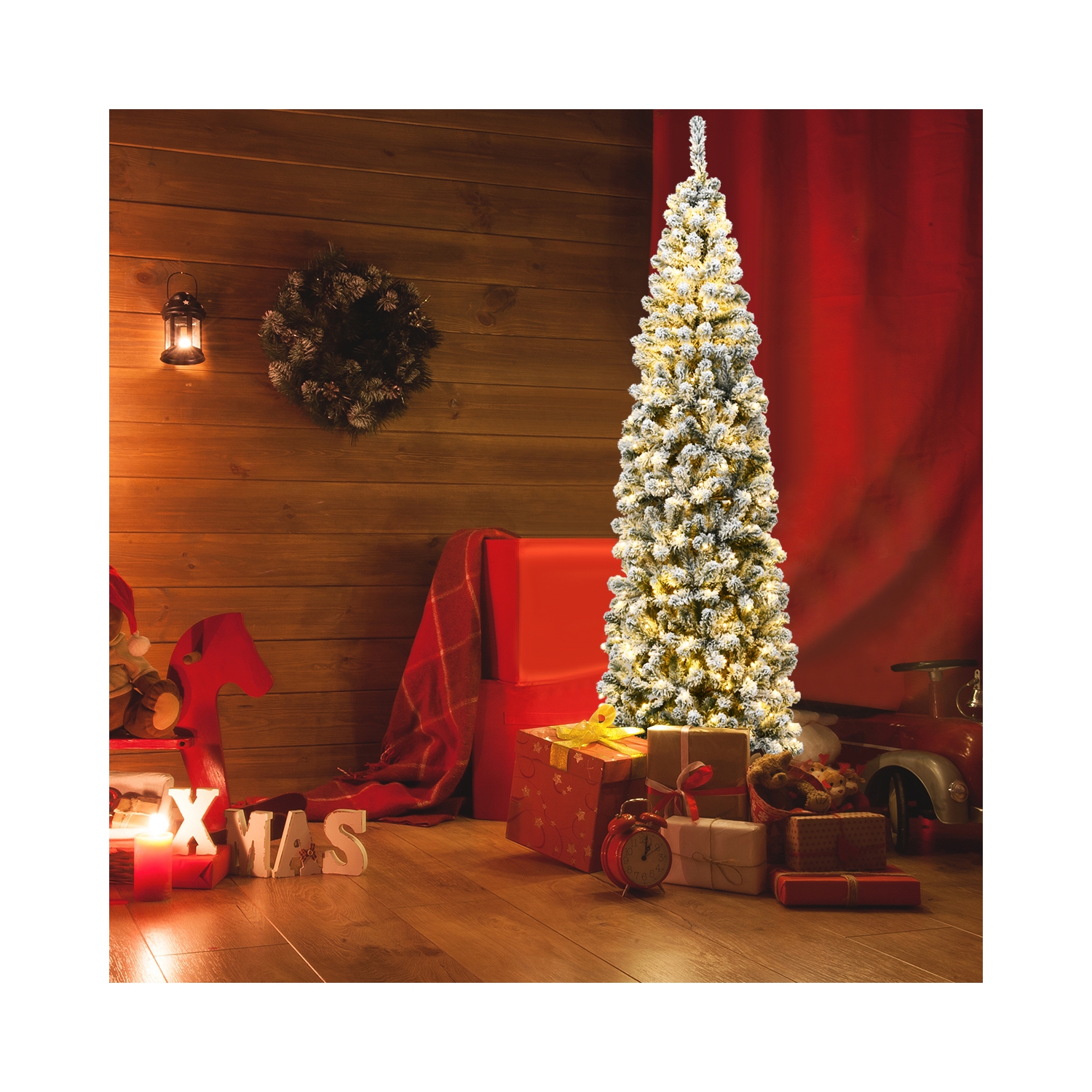 Gymax 7.5ft Pre-lit Pencil Snow Flocked Pencil Christmas Tree Holiday Decoration