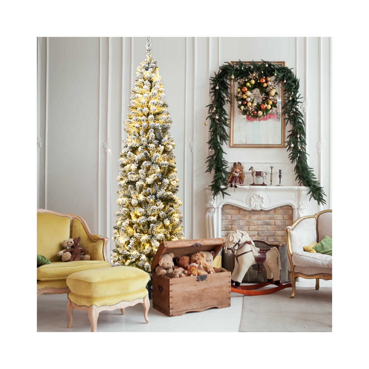 Gymax 7.5ft Pre-lit Pencil Snow Flocked Pencil Christmas Tree Holiday Decoration