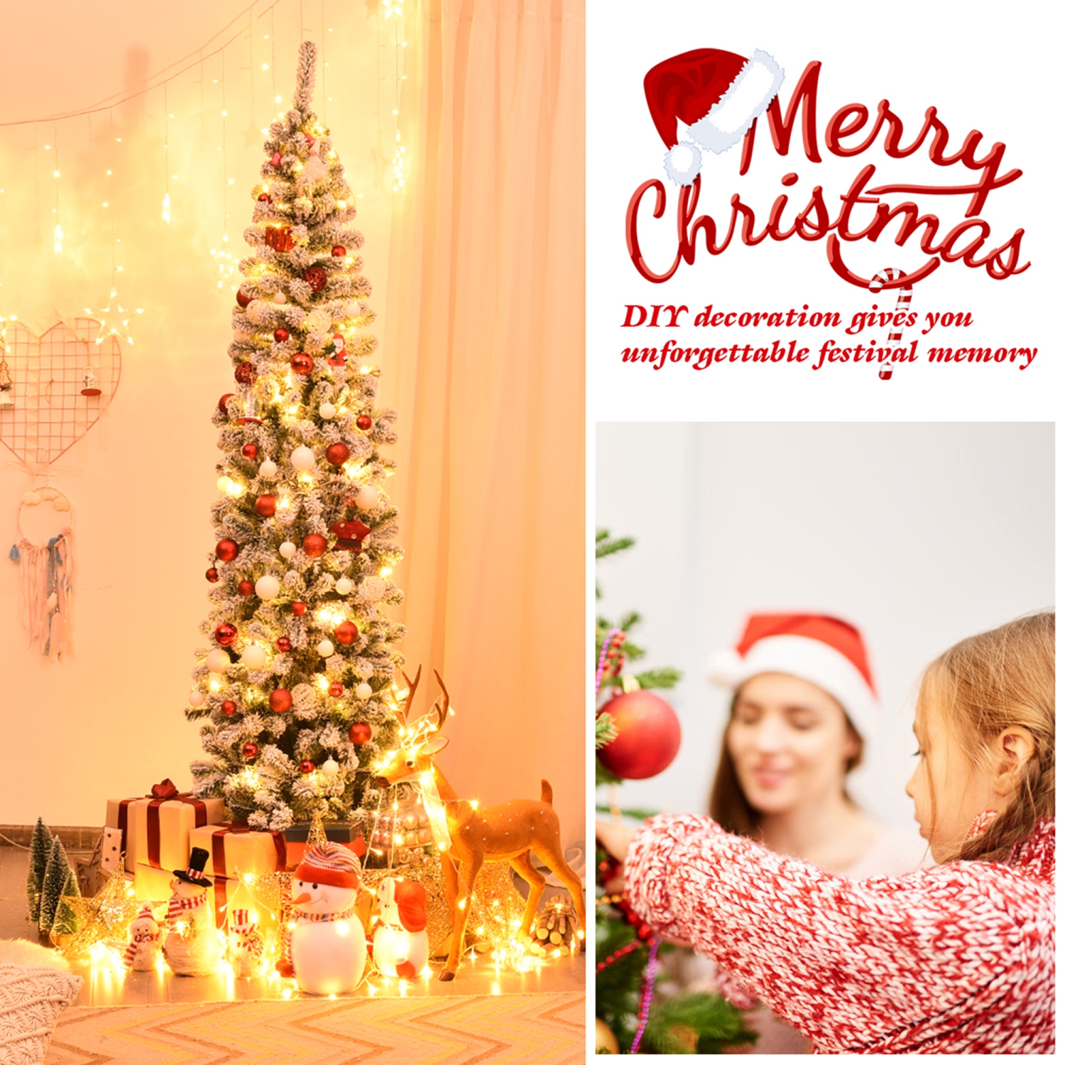 Gymax 7.5ft Pre-lit Pencil Snow Flocked Pencil Christmas Tree Holiday Decoration