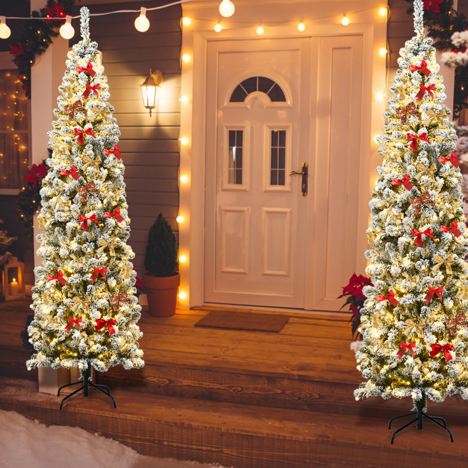 Gymax 7.5ft Pre-lit Pencil Snow Flocked Pencil Christmas Tree Holiday Decoration