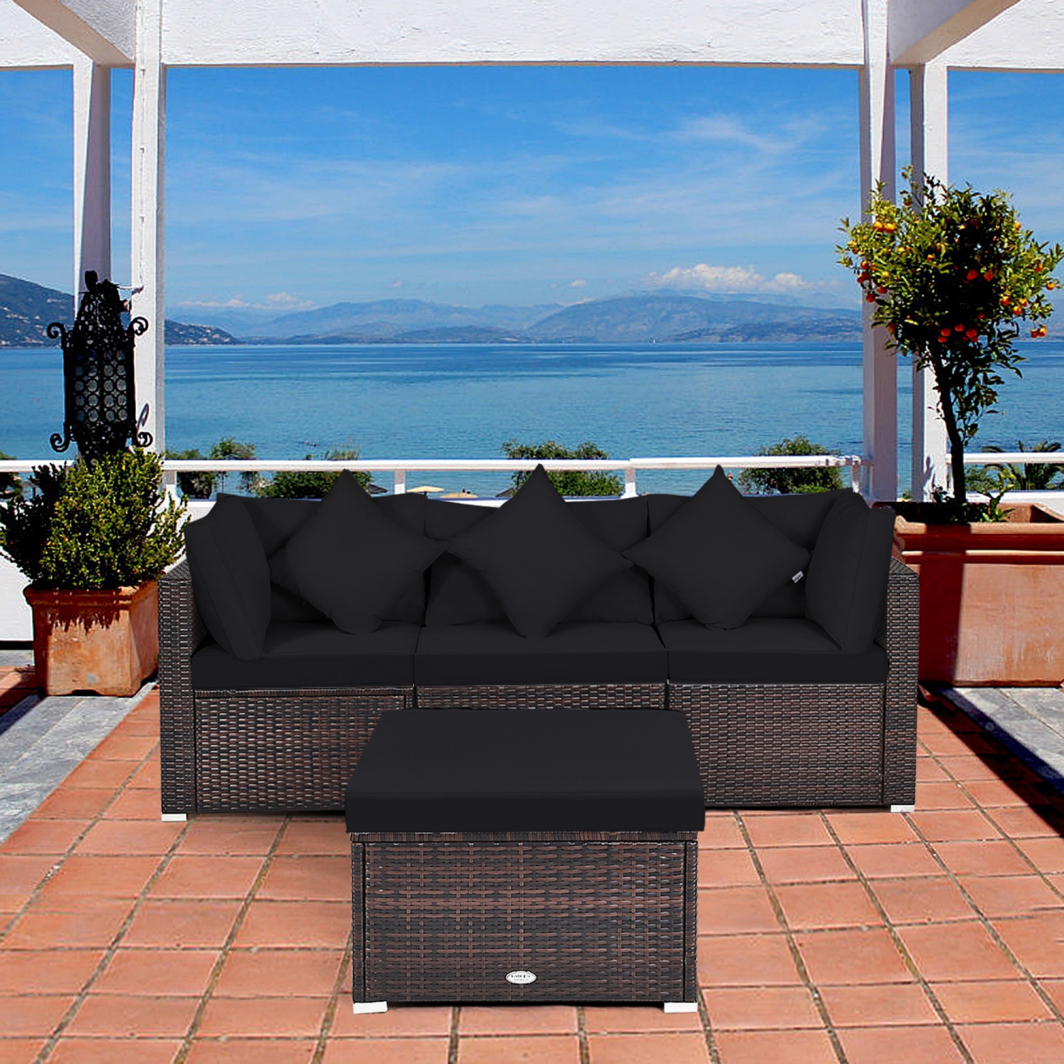 Gymax 4PCS Rattan Patio Conversation Furniture Set Yard Outdoor w/ Black Cushion
