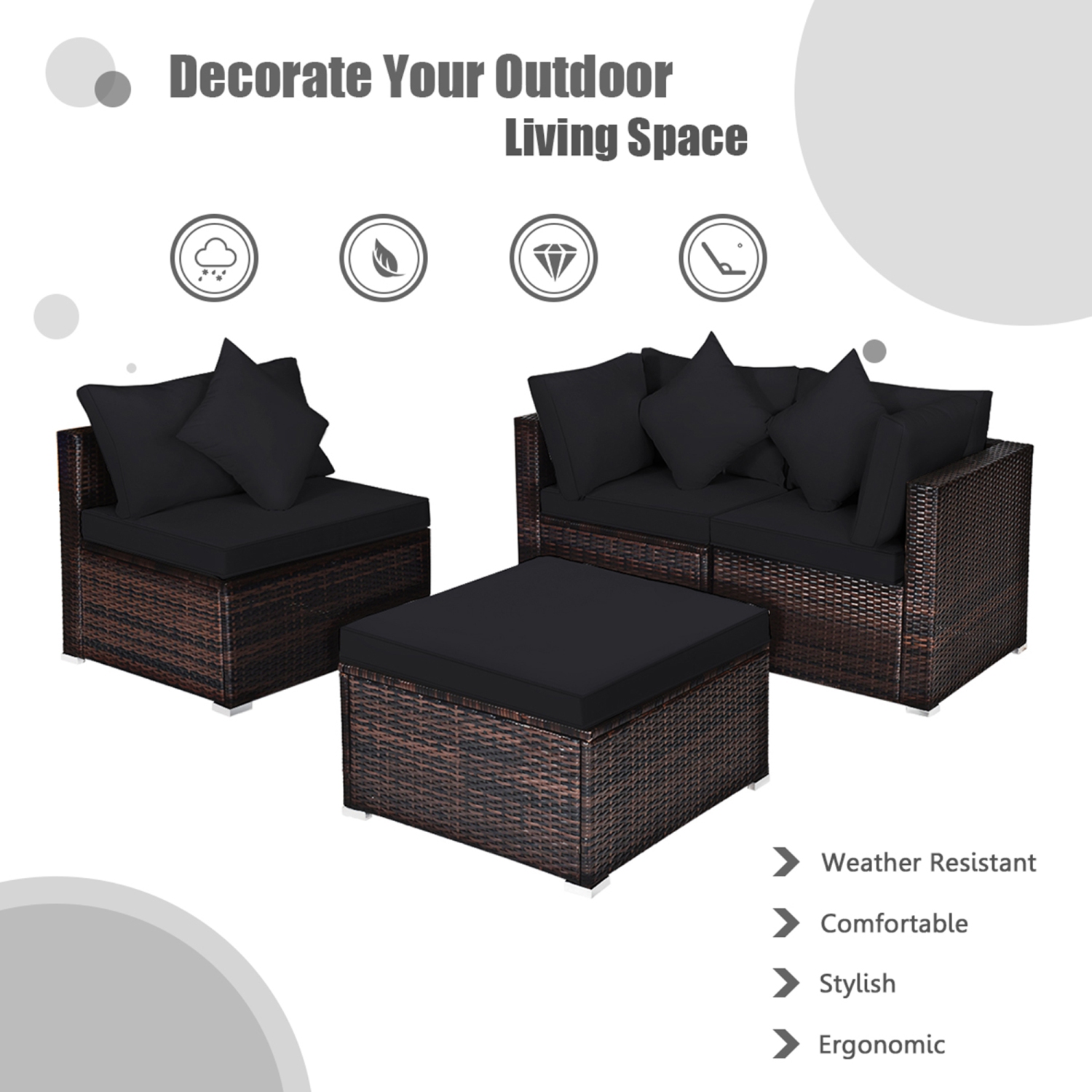Gymax 4PCS Rattan Patio Conversation Furniture Set Yard Outdoor w/ Black Cushion