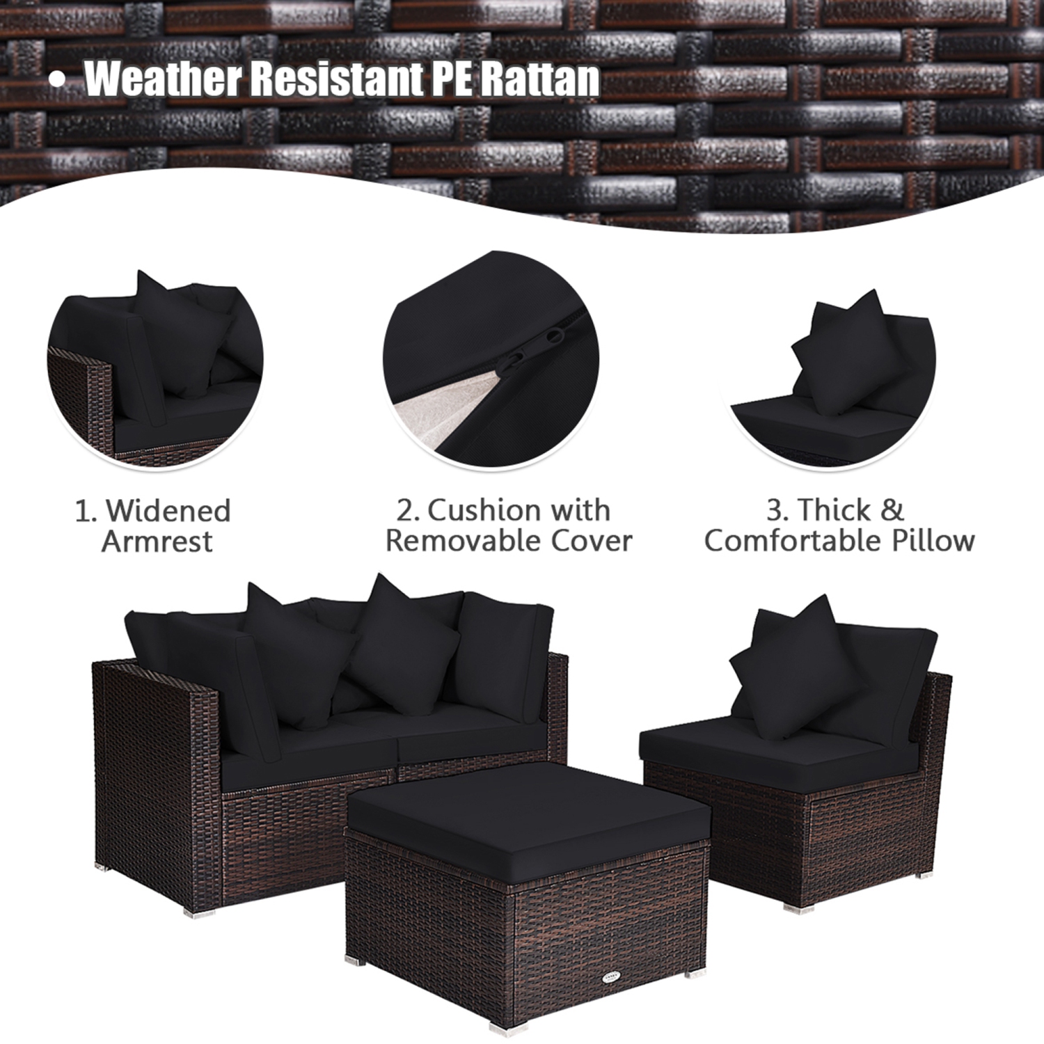 Gymax 4PCS Rattan Patio Conversation Furniture Set Yard Outdoor w/ Black Cushion