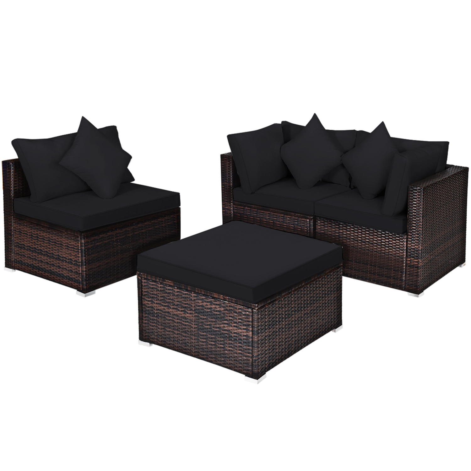 Gymax 4PCS Rattan Patio Conversation Furniture Set Yard Outdoor w/ Black Cushion