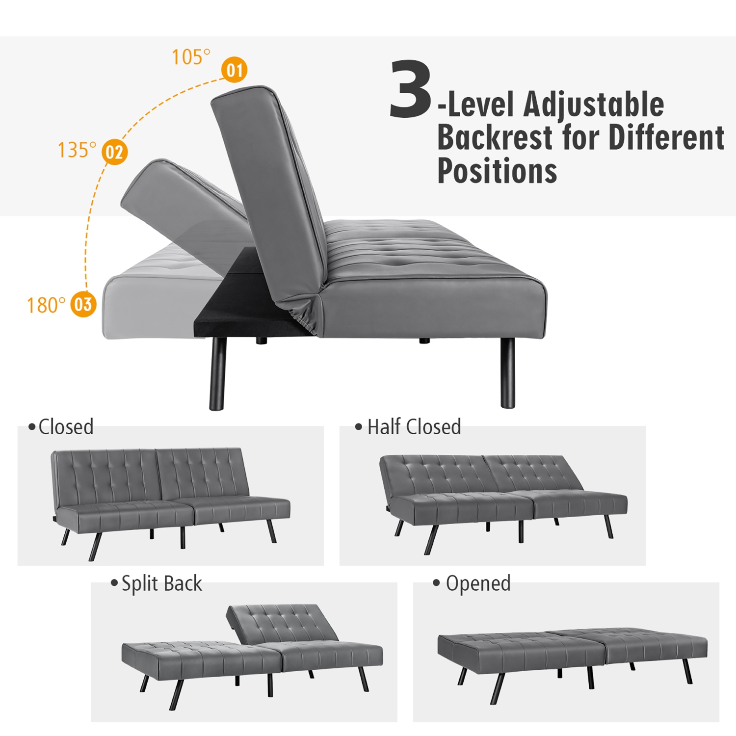 Canapé-lit pliant convertible en cuir PU Futon de Costway