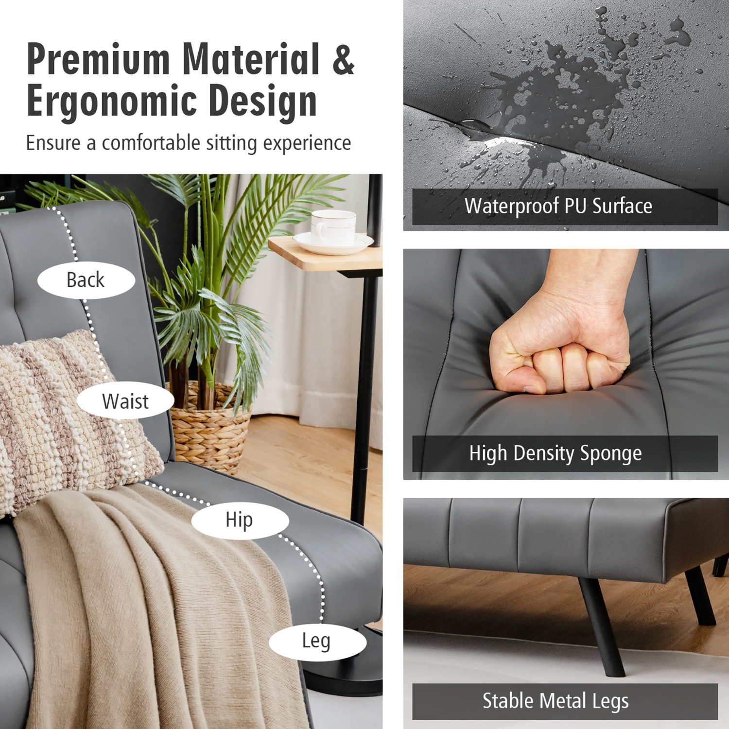 Canapé-lit pliant convertible en cuir PU Futon de Costway