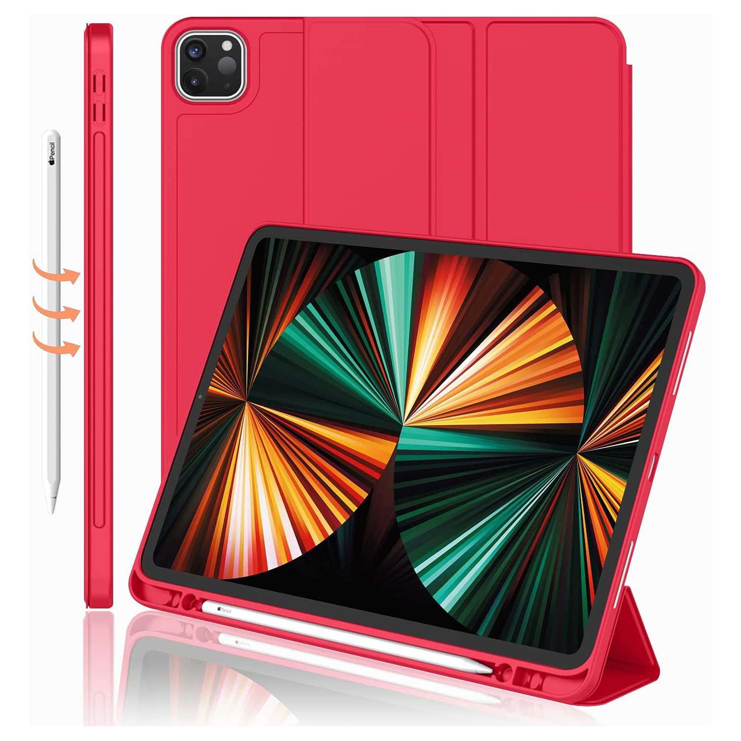 [CSmart] Étui magnétique mince Smart Cover avec support à crayons pour iPad Pro de 12,9 po de 3rd 4th 5th 6th génération, rouge