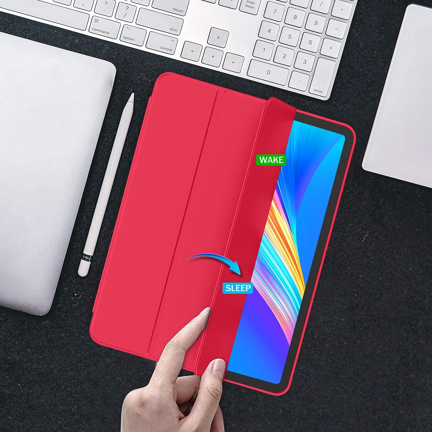 [CSmart] Étui magnétique mince Smart Cover avec support à crayons pour iPad Pro de 12,9 po de 3rd 4th 5th 6th génération, rouge