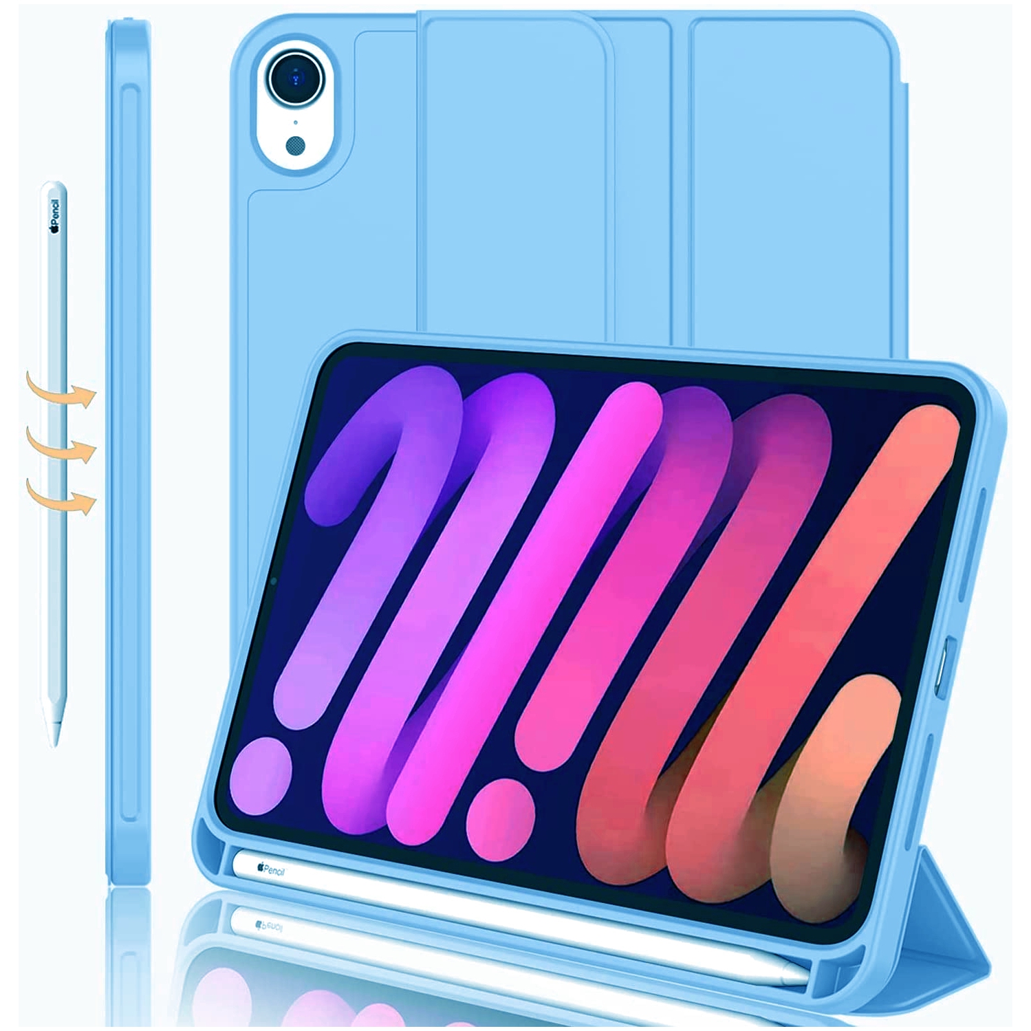 [CS] Slim Magnetic Smart Cover Stand Case & Pencil Holder for iPad Mini 6 7 6th 7th Gen., Blue