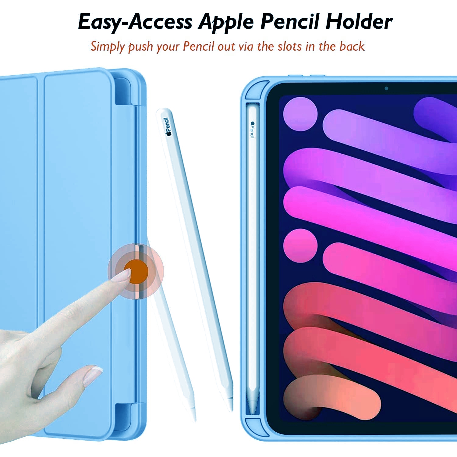 [CS] Slim Magnetic Smart Cover Stand Case & Pencil Holder for iPad Mini 6 7 6th 7th Gen., Blue
