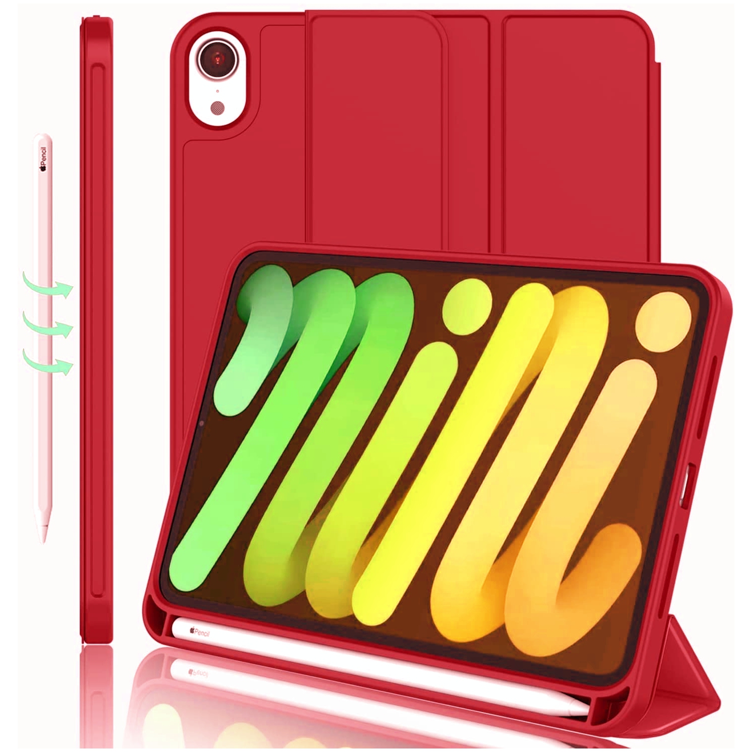 【CSmart】 Slim Magnetic Smart Cover Stand Case & Pencil Holder for iPad Mini 6 6th Gen. 2021 (8.3"), Red