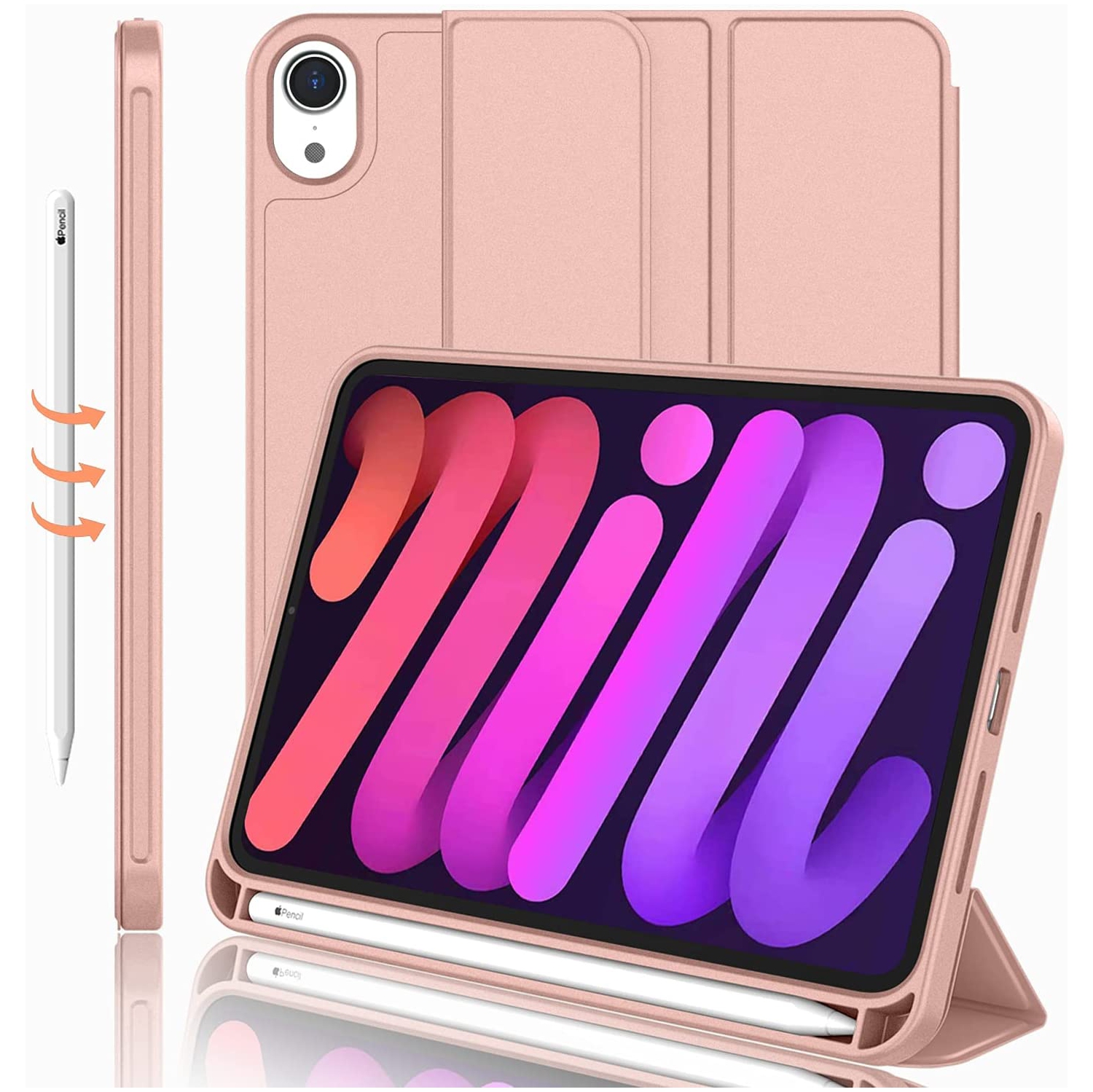 【CSmart】 Slim Magnetic Smart Cover Stand Case & Pencil Holder for iPad Mini 6 6th Gen. 2021 (8.3"), Rose Gold