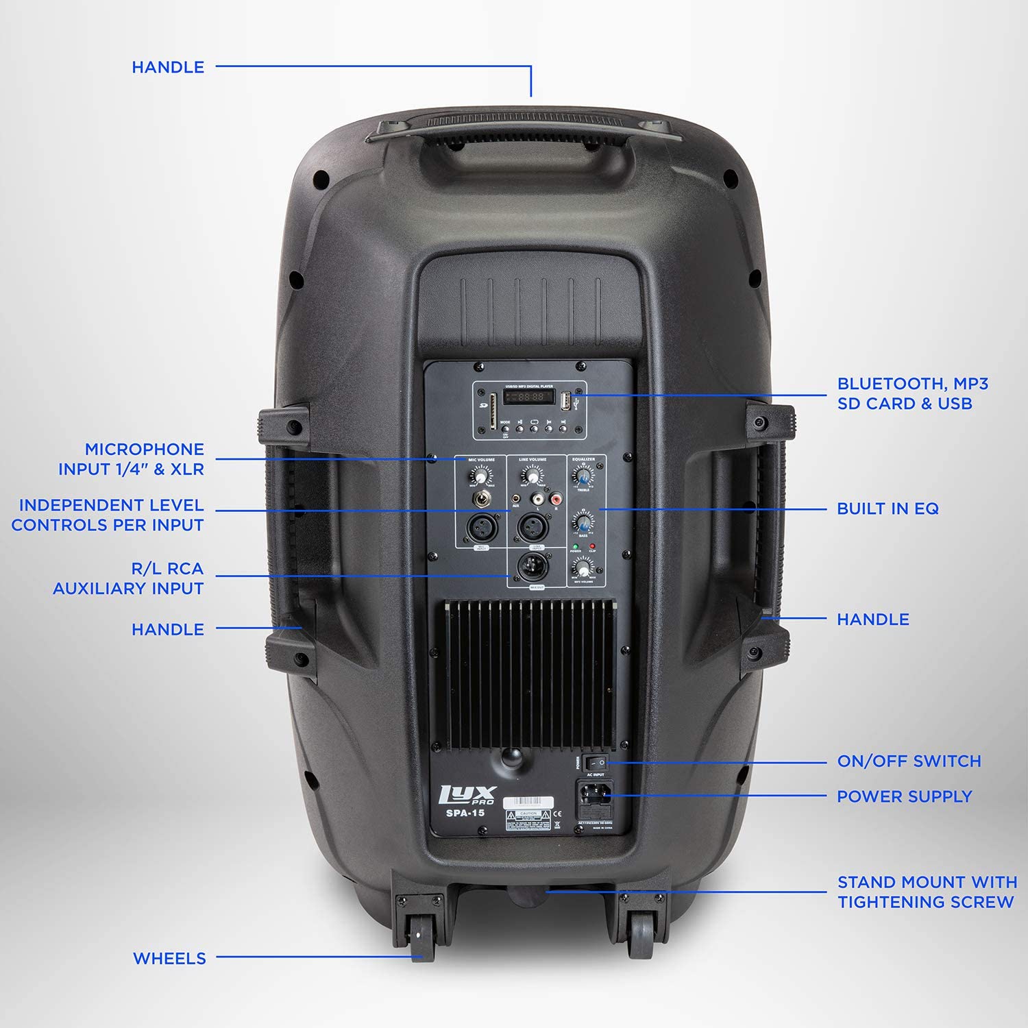 LyxPro 15 Inch Active PA Rechargeable Battery Speaker System, Bluetooth, MP3, USB, SD Card Slot, Foldable Carry Handle, Easy Carry Wheels-SPA-15 BAT