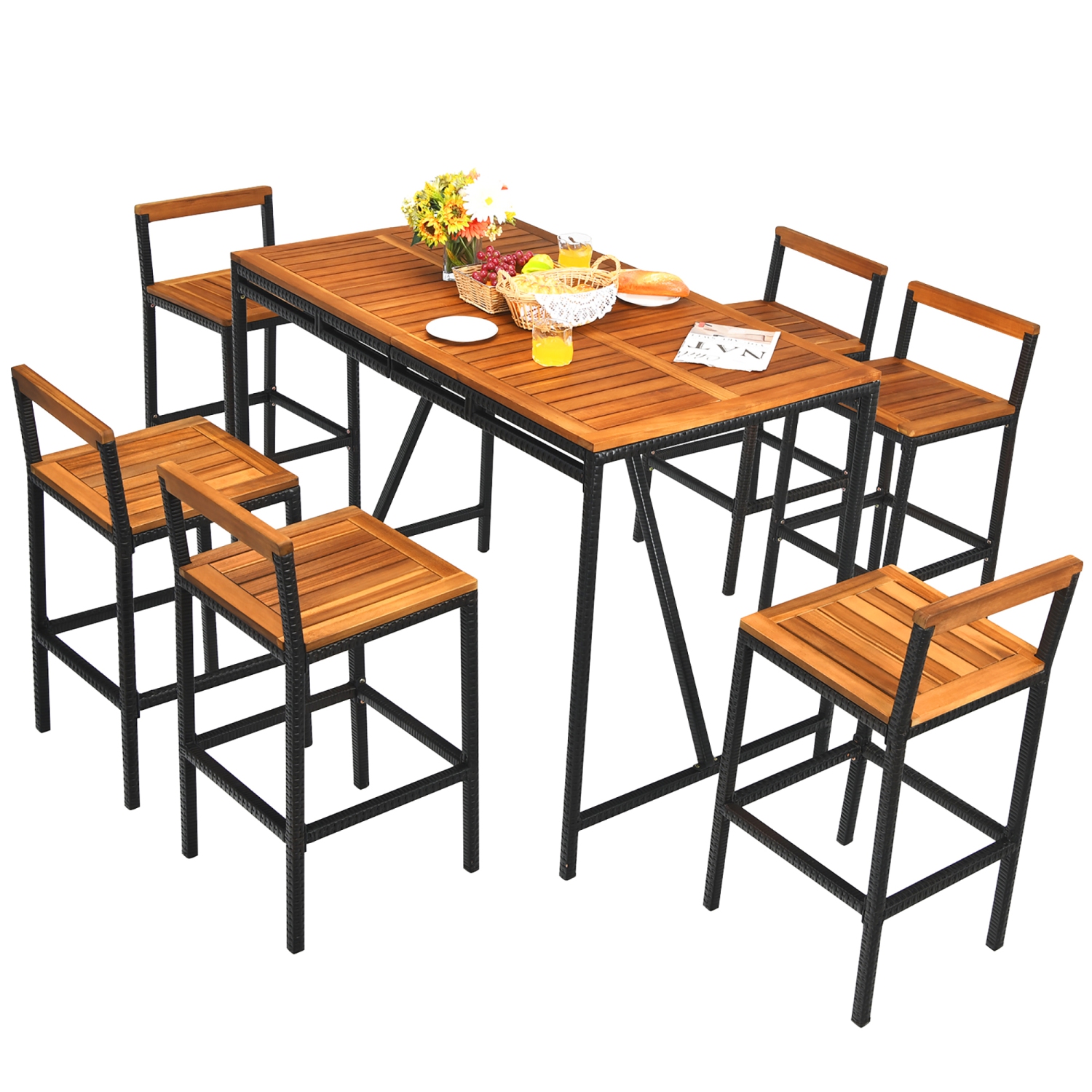 Costway 7PCS Patio Rattan Bar Set Acacia Wood Frame Stools Table Umbrella Hole