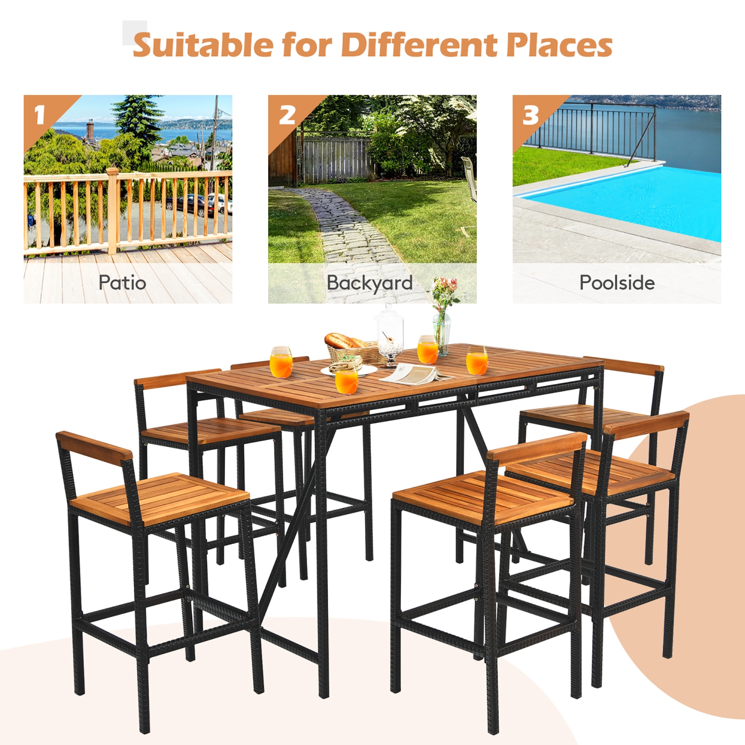 Costway 7PCS Patio Rattan Bar Set Acacia Wood Frame Stools Table Umbrella Hole