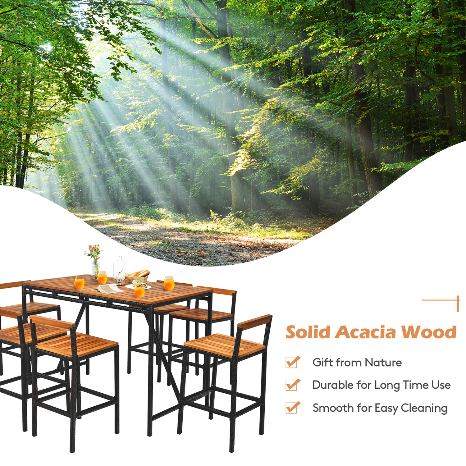 Costway 7PCS Patio Rattan Bar Set Acacia Wood Frame Stools Table Umbrella Hole
