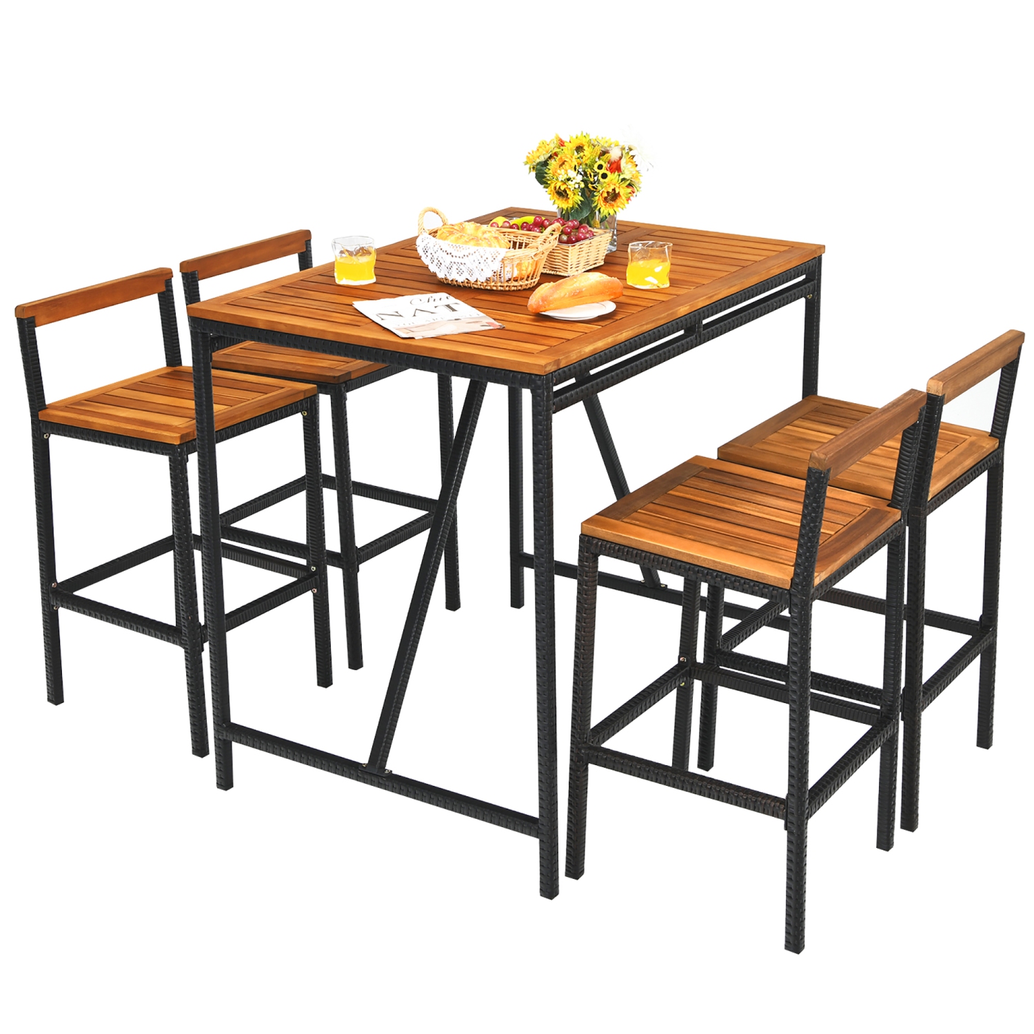 Costway 5PCS Patio Rattan Bar Table Stool Set Acacia Wood Top W/Umbrella Hole