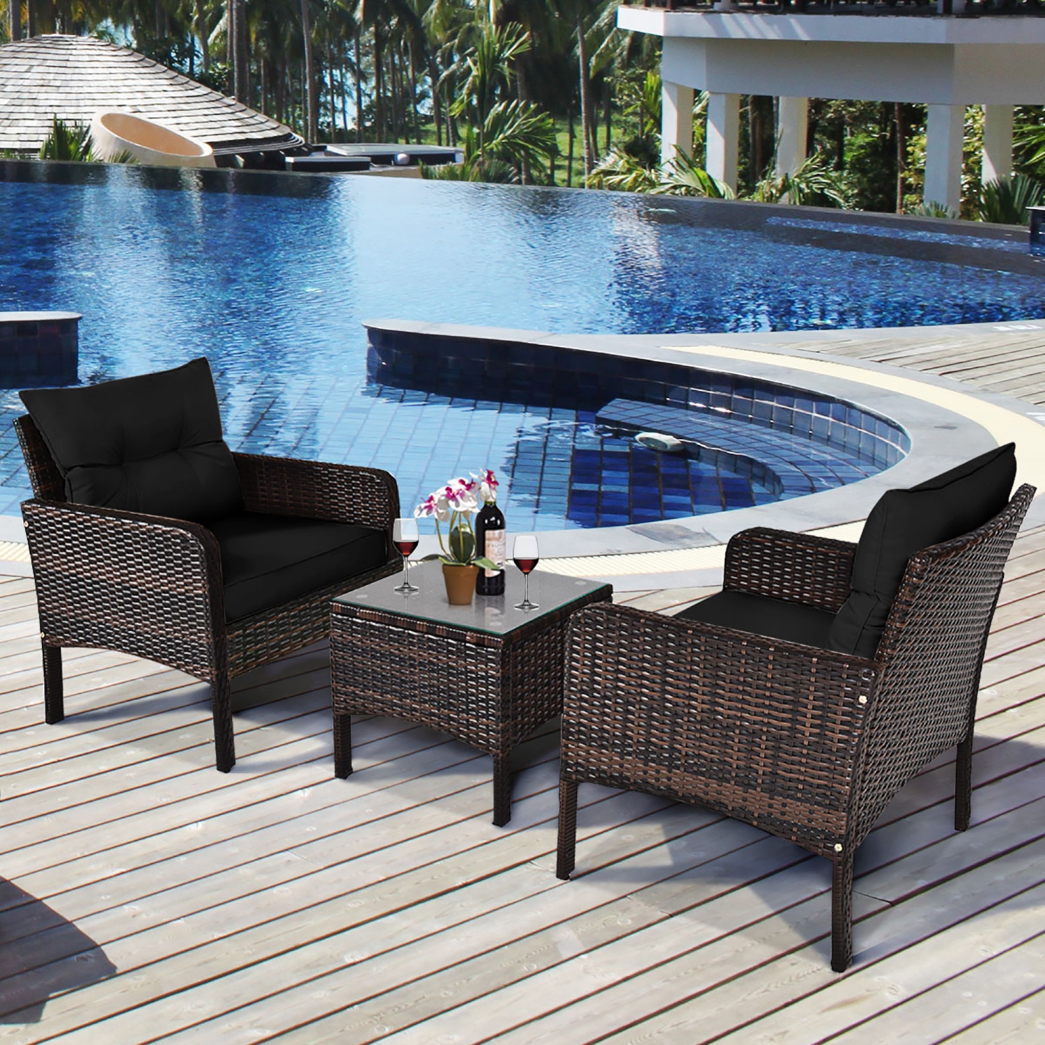 Costway 3PCS Outdoor Rattan Conversation Set Patio Garden Cushioned Sofa Chair