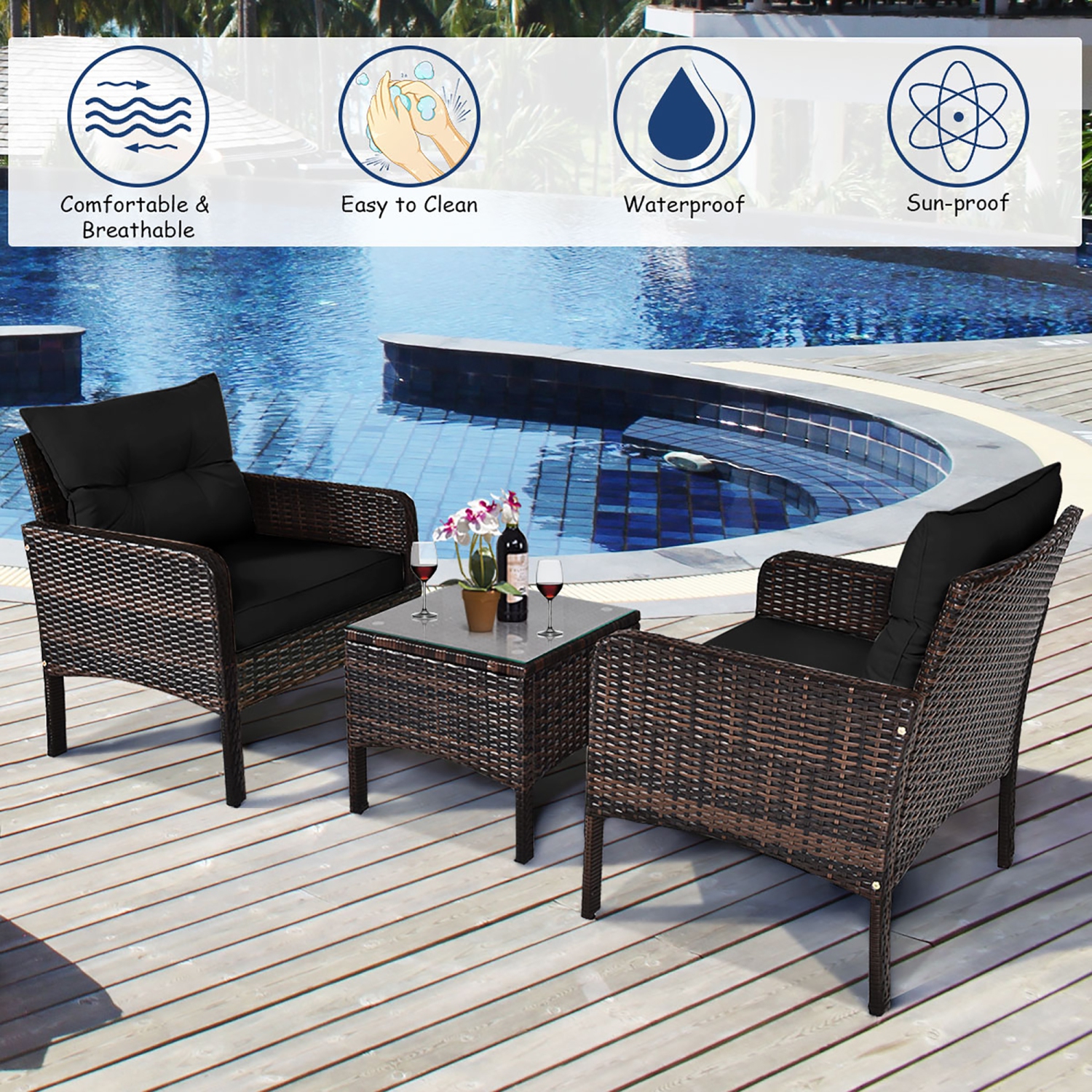 Costway 3PCS Outdoor Rattan Conversation Set Patio Garden Cushioned Sofa Chair