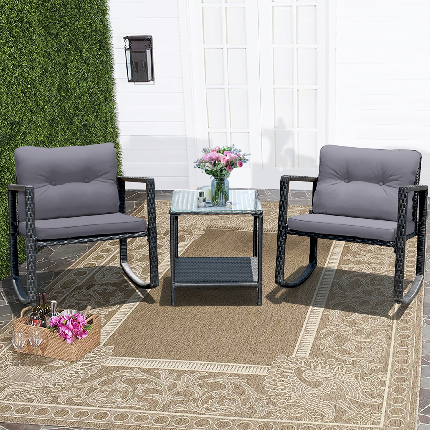 Costway 3PCS Patio Rattan Furniture Set Rocking Chairs Cushioned Sofa