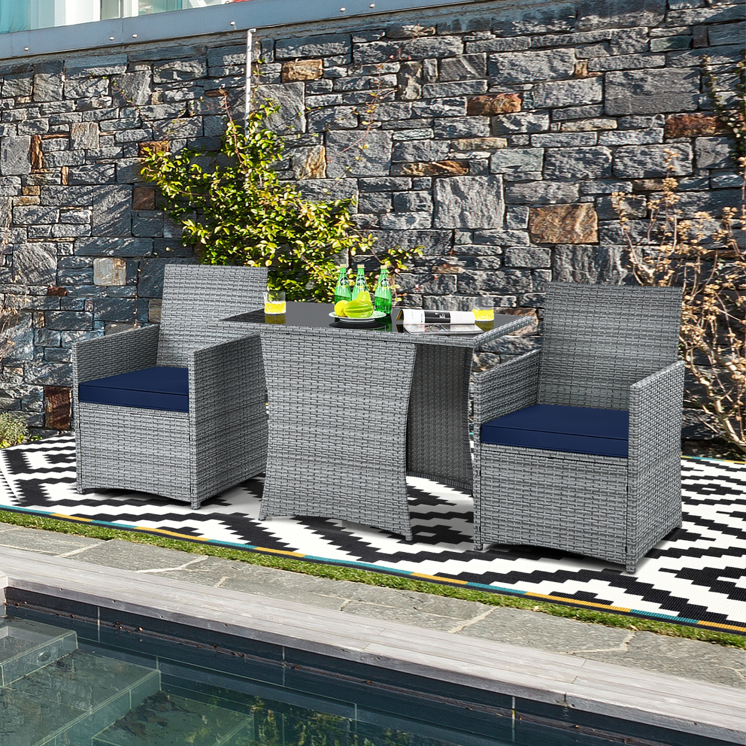 Costway 3PCS Patio Rattan Furniture Set Cushioned Sofa Armrest Garden