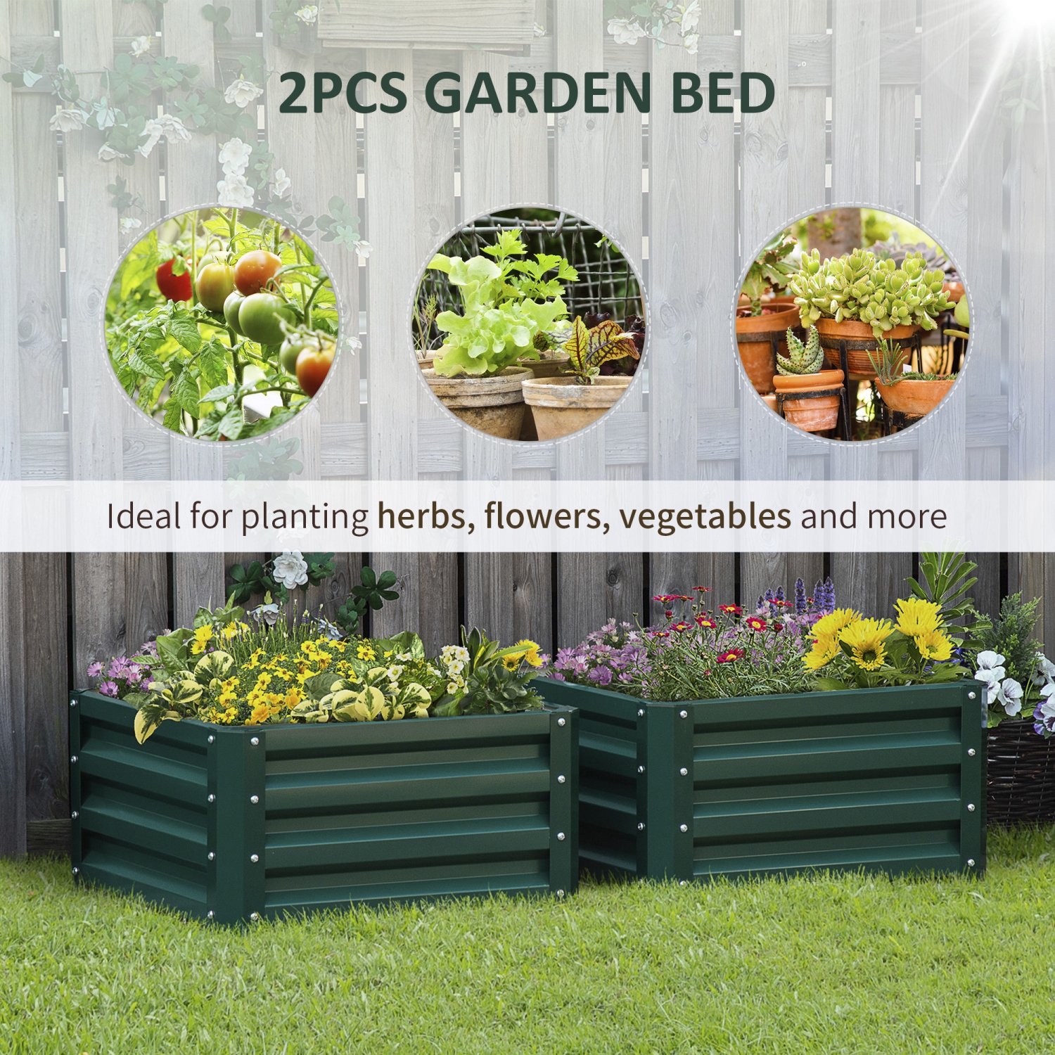 Outsunny 2' x 2' x 1' 2-Pieces Raised Garden Bed with Galvanised Steel Frame for Vegetables, Flowers, Herbs, Green