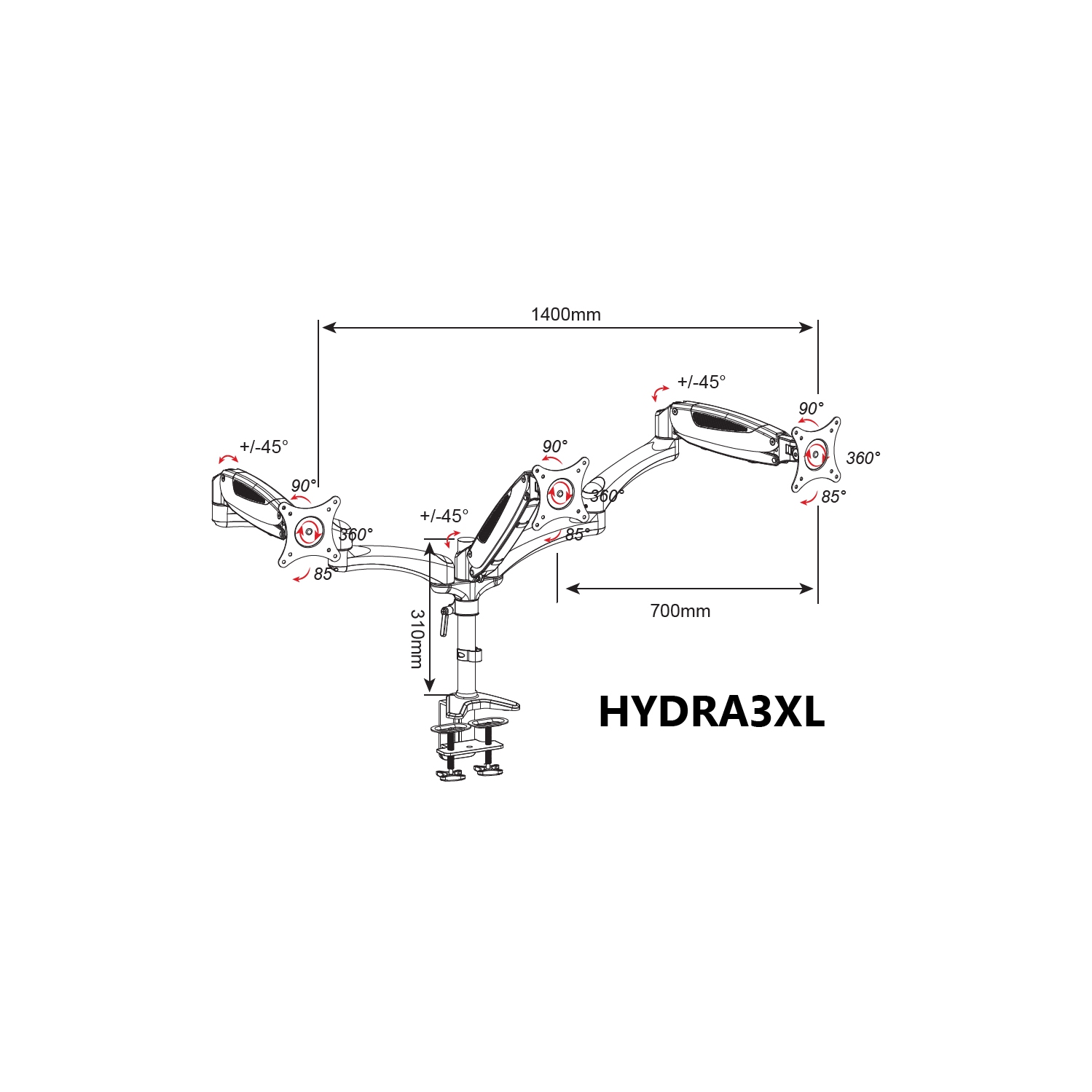 Amer Mounts | Support articulé à ressort à gaz à trois bras pour moniteurs ACL DEL de 15 à 28 po | base à pince | HYDRA3XL
