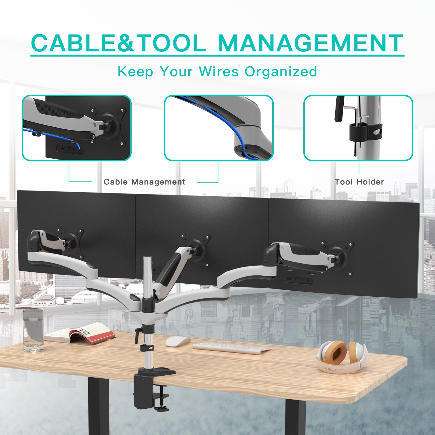 Amer Mounts | Support articulé à ressort à gaz à trois bras pour moniteurs ACL DEL de 15 à 28 po | base à pince | HYDRA3XL